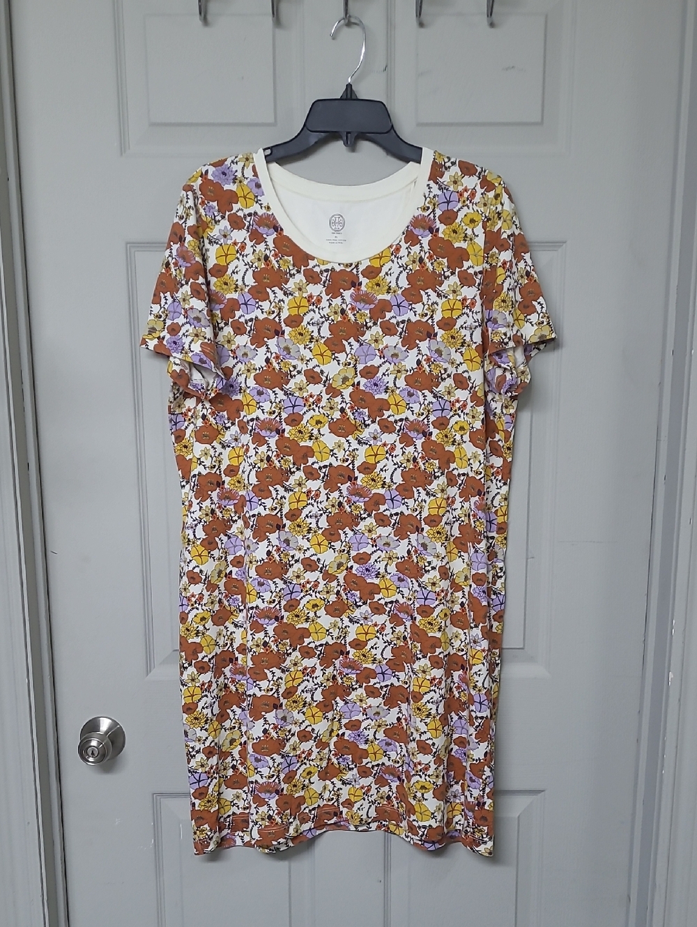 Tory Burch Ditsy Floral Short-Sleeve Shift Dress Crewneck Yellow/Purple/Rust XL